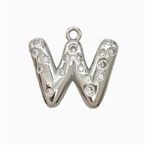 Copper Letter-W Pendant Pave Zirconia Platinum Plated, approx 15-18mm