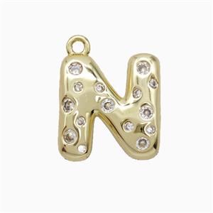 Copper Letter-N Pendant Pave Zirconia Gold Plated, approx 15-18mm