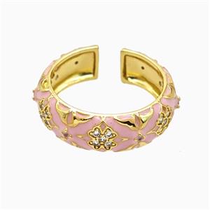 Copper Ring Pave Zirconia Pink Enamel Gold Plated, approx 7mm, 18mm dia