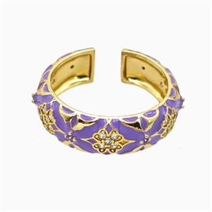 Copper Ring Pave Zirconia Lavender Enamel Gold Plated, approx 7mm, 18mm dia