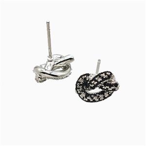 Copper Knot Stud Earrings Pave Zirconia Platinum Plated, approx 7-11mm