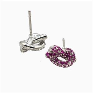 Copper Knot Stud Earrings Pave Zirconia Platinum Plated, approx 7-11mm