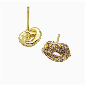 Copper Knot Stud Earrings Pave Zirconia Gold Plated, approx 7-11mm