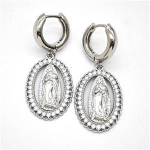 Copper Vrigin Mary Hoop Earrings Pave Zirconia Platinum Plated, approx 18-25mm, 15mm dia