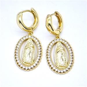 Copper Vrigin Mary Hoop Earrings Pave Zirconia Gold Plated, approx 18-25mm, 15mm dia
