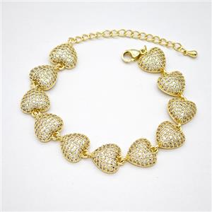 Copper Heart Bracelet Pave Zirconia Gold Plated, approx 11.5mm, 16-21cm length