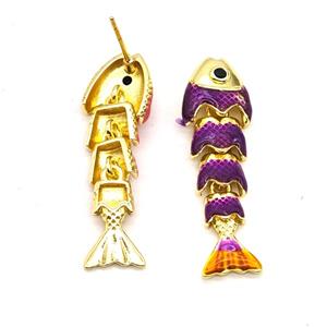 Copper Fish Stud Earrings Purple Enamel Gold Plated, approx 8-32mm
