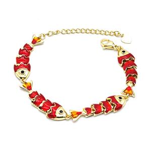 Copper Fish Bracelet Red Enamel Gold Plated, approx 8-32mm, 20cm length