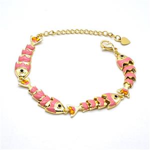 Copper Fish Bracelet Pink Enamel Gold Plated, approx 8-32mm, 20cm length
