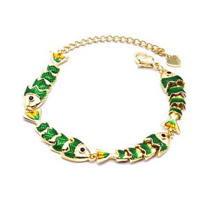 Copper Fish Bracelet Green Enamel Gold Plated, approx 8-32mm, 20cm length