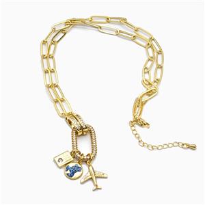 Copper Necklace Pave Zirconia With Airplane Passport Gold Plated, approx 6-12mm, 14-23mm, 5-14mm, 42-47cm length