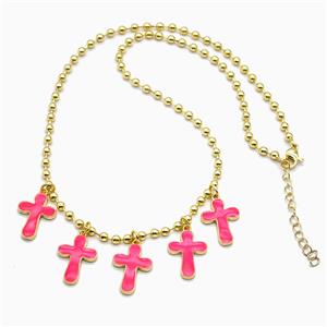 Copper Cross Necklace Hotpink Enamel Gold Plated, approx 13-18mm, 3mm, 42-47cm length