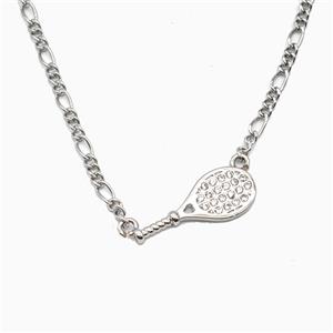Tennis Racket Copper Necklace Pave Zirconia Platinum Plated, approx 8-19.5mm, 2mm, 40-45cm length