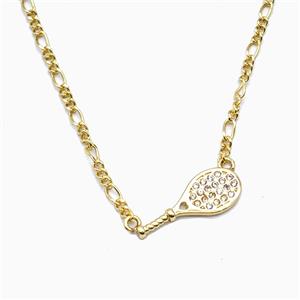 Tennis Racket Copper Necklace Pave Zirconia Gold Plated, approx 8-19.5mm, 2mm, 40-45cm length