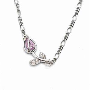 Copper Tulip Necklace Pave Zirconia Platinum Plated, approx 7-17mm, 2mm, 40-45cm length