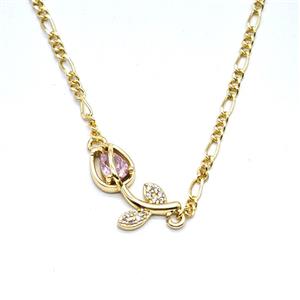 Copper Tulip Necklace Pave Zirconia Gold Plated, approx 7-17mm, 2mm, 40-45cm length