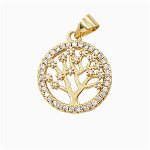 Copper Tree of Life Pendant Pave Zirconia 18K Gold Plated, approx 16mm