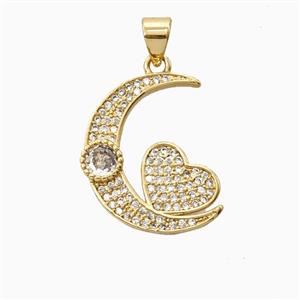 Copper Heart Moon Pendant Pave Zirconia 18K Gold Plated, approx 16-20mm