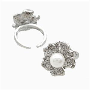 Copper Flower Rings Pave Zirconia Resin Platinum Plated, approx 20mm, 18mm dia
