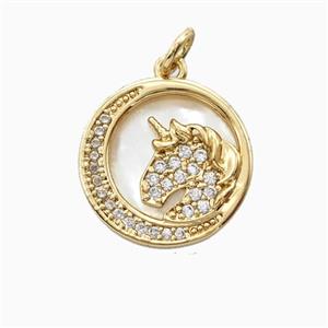 Copper Unicorn Pendant Pave Zirconia Moon 18K Gold Plated, approx 16mm