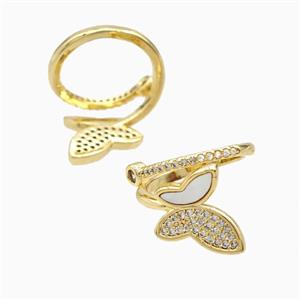 Copper Butterfly Rings Pave Zirconia Shell 18K Gold Plated, approx 15mm, 18mm dia