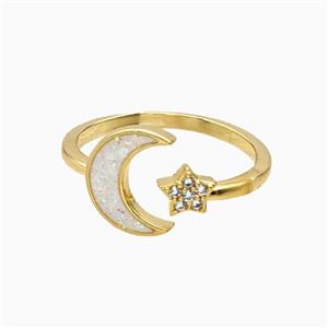 Copper Star Moon Rings Pave Zirconia Fireopal 18K Gold Plated, approx 11mm, 18mm dia