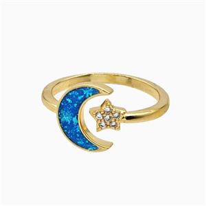 Copper Star Moon Rings Pave Zirconia Fireopal 18K Gold Plated, approx 11mm, 18mm dia