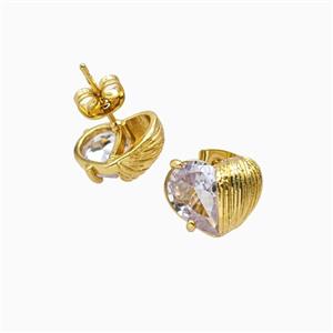 Copper Heart Stud Earrings Pave Zirconia 18K Gold Plated, approx 12mm