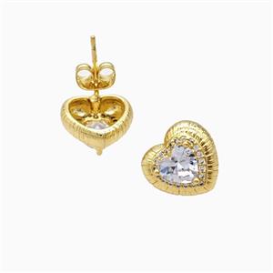 Copper Heart Stud Earrings Pave Zirconia 18K Gold Plated, approx 12mm