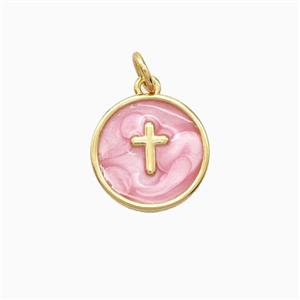 Copper Cross Pendant Pink Enamel 18K Gold Plated, approx 13mm