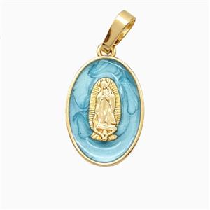 Copper Jesus Pendant Teal Enamel 18K Gold Plated, approx 12-17mm