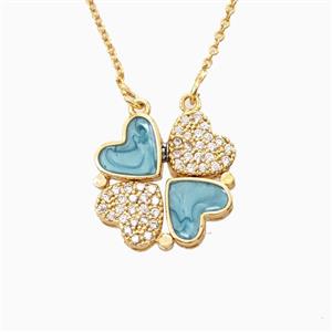Copper Heart Clover Necklace Pave Zirconia Enamel Gold Plated, approx 18mm, 42-47cm length