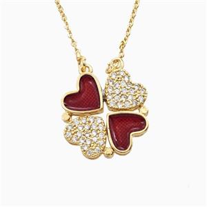 Copper Heart Clover Necklace Pave Zirconia Enamel Gold Plated, approx 18mm, 42-47cm length
