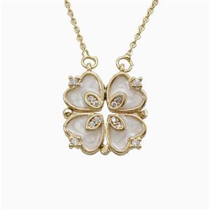 Copper Heart Clover Necklace Pave Zirconia Enamel Gold Plated, approx 18mm, 42-47cm length