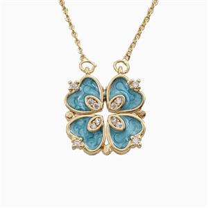Copper Heart Clover Necklace Pave Zirconia Enamel Gold Plated, approx 18mm, 42-47cm length