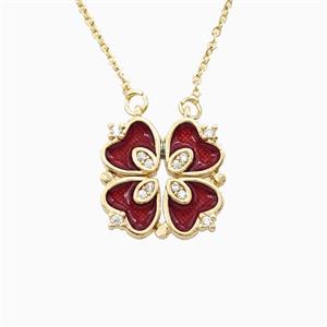 Copper Heart Clover Necklace Pave Zirconia Enamel Gold Plated, approx 18mm, 42-47cm length