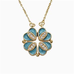 Copper Heart Clover Necklace Pave Zirconia Enamel Gold Plated, approx 18mm, 42-47cm length