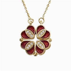 Copper Heart Clover Necklace Pave Zirconia Enamel Gold Plated, approx 18mm, 42-47cm length