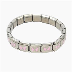 Raw Stainless Steel Module Bracelet With Pink Butterfly, approx 9-10mm, 17cm length