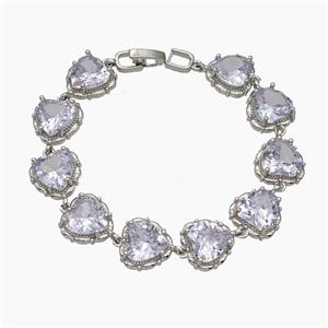 Copper Bracelet Pave Zirconia Heart Platinum Plated, approx 13mm, 18cm length
