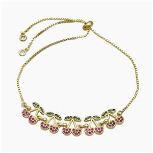 Copper Cherry Bracelet Pave Zirconia Adjustable Gold Plated, approx 10-60mm, 27cm length