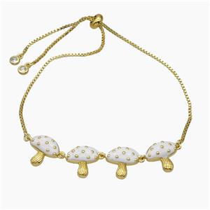 Copper Mushroom Bracelet White Enamel Adjustable Gold Plated, approx 13-60mm, 27cm length
