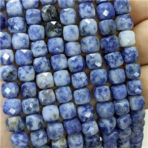 Natural Blue Dalmatian Jasper Beads Faceted Cube, approx 6-8mm
