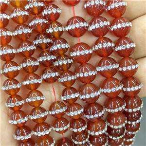 Red Dye Agate Round Beads Pave Rhinestone, approx 10mm