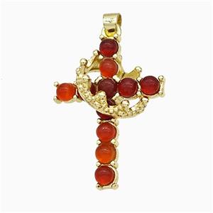 Copper Crown Cross Pendant Pave Red Carnelian Agate Gold Plated, approx 20-25mm