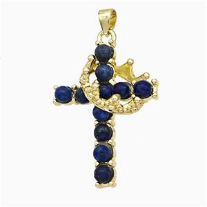 Copper Crown Cross Pendant Pave Lapis Lazuli Gold Plated, approx 20-25mm