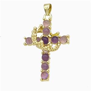 Copper Crown Cross Pendant Pave Amethyst Gold Plated, approx 20-25mm