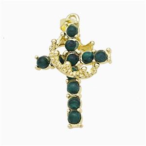 Copper Crown Cross Pendant Pave Synthetic Malachite Gold Plated, approx 20-25mm