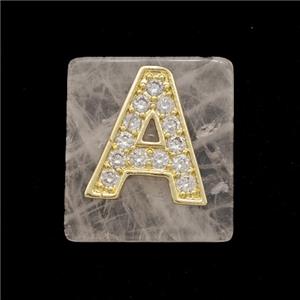 Rose Quartz Square Pendant With Copper Letter-A Pave Zirconia Gold Plated, approx 18mm