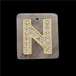 Rose Quartz Square Pendant With Copper Letter-N Pave Zirconia Gold Plated, approx 18mm